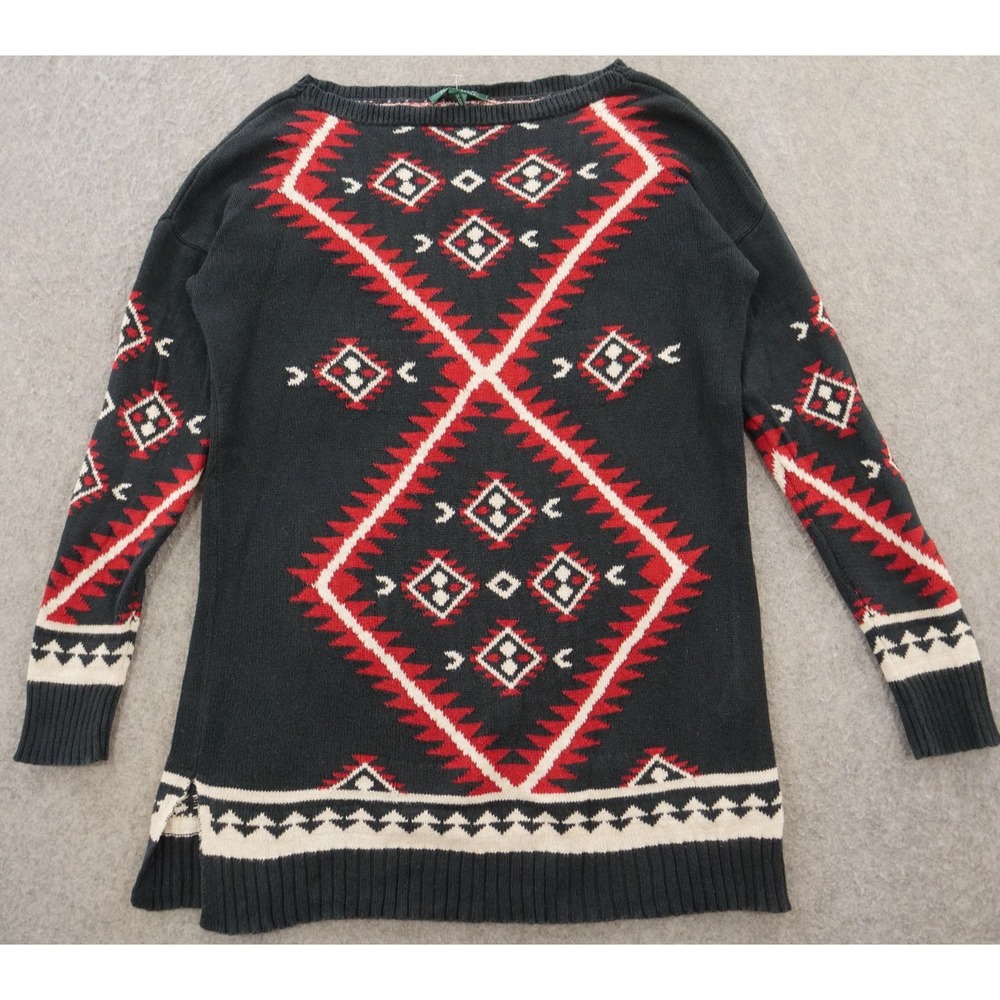 Lauren Ralph Lauren Sweater Womens Medium Black Red Southwest Aztec Knit Pullove